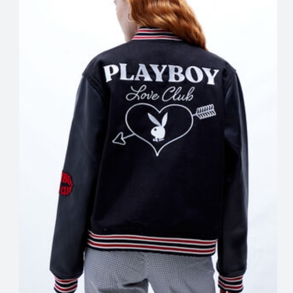 Playboy EST. 53 Varsity Jacket - Unisex Blue Bomber With Embroidered Bunny Logo, Quilted Red Lining (Letterman Style)